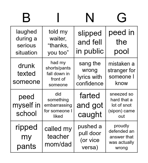 EscapePod: Embarrassing Moments Set Bingo Card