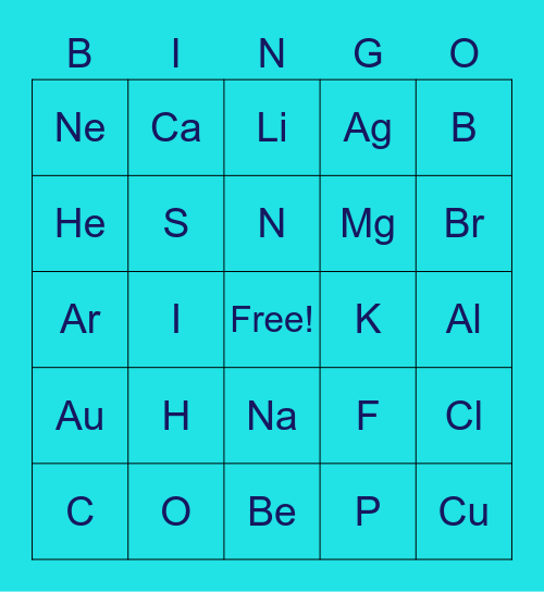 Periodic Table Introductory Elements Bingo Card