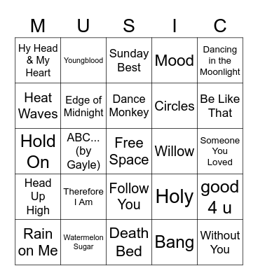 Today's Hits Bingo Card