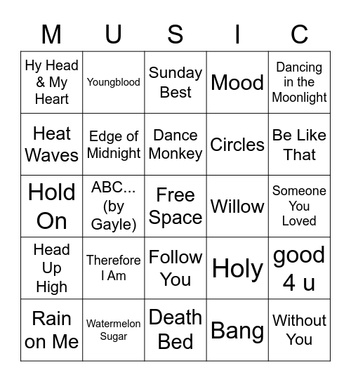 Today's Hits Bingo Card