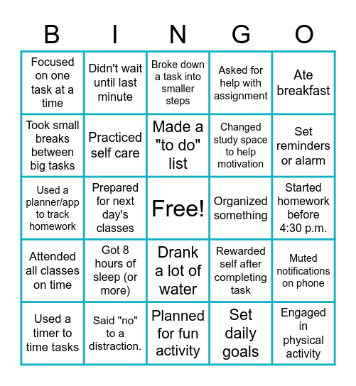 Time Management BINGO Card