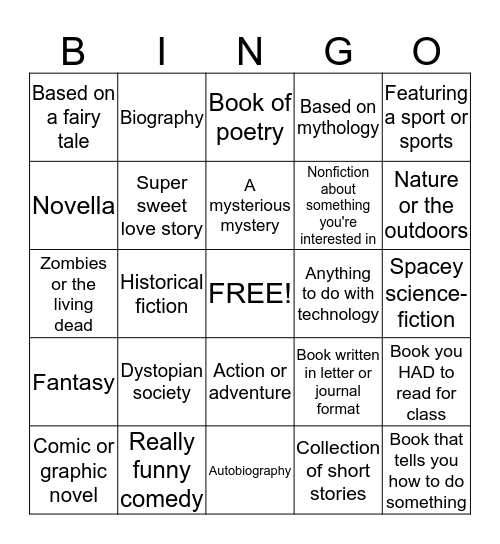 Genre Reading Bingo Card