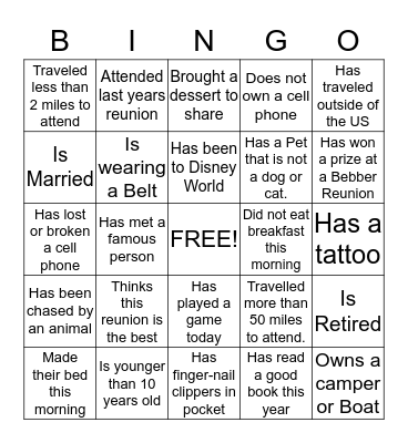 Bebber Family Reunion Bingo Card