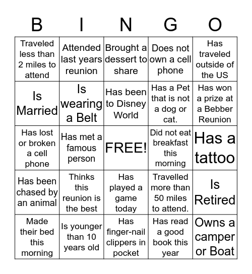 Bebber Family Reunion Bingo Card