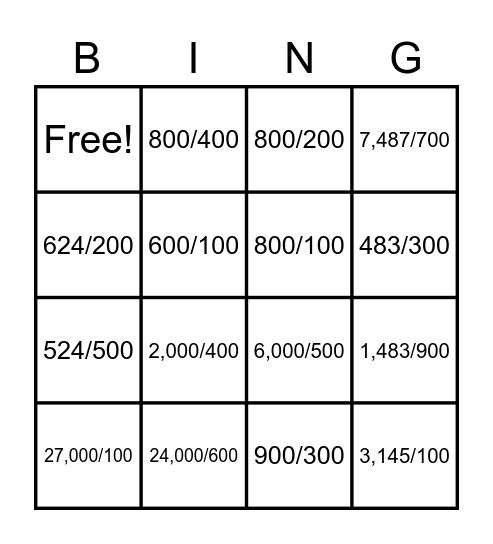 Divsion by hundred Bingo Card