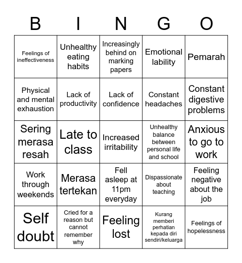 Burnout Bingo Card