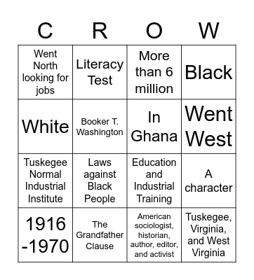 Jim Crow Laws Bingo Card