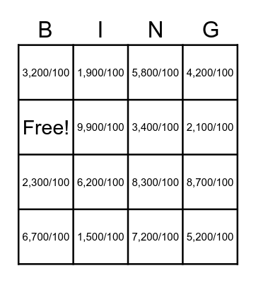 Division by One hundred. Bingo Card