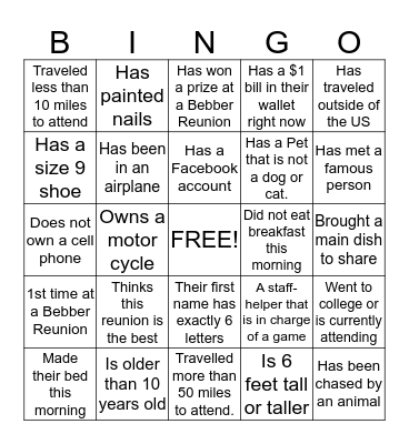 Bebber Family Reunion Bingo Card