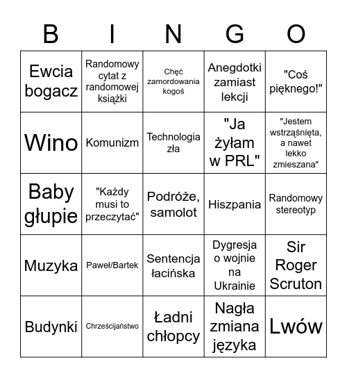 Poezja i poetyka Bingo Card