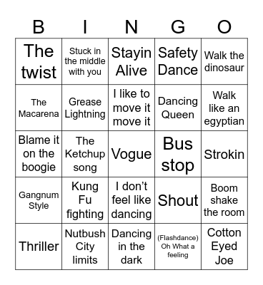 Dance Songs Bingo Card