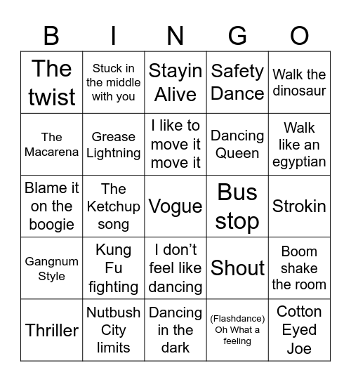 Dance Songs Bingo Card