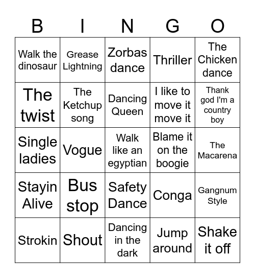 Macalisters Music Bingo - Dance Songs Bingo Card