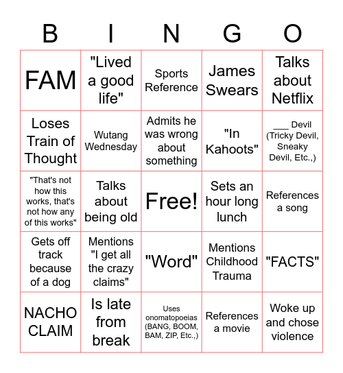 James Phraseology Bingo Card