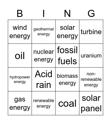 Energy Sources Bingo Card