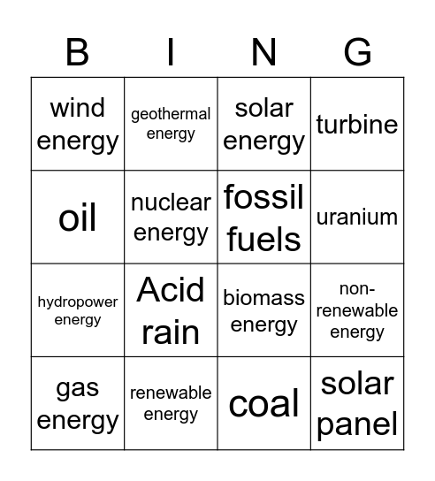 Energy Sources Bingo Card