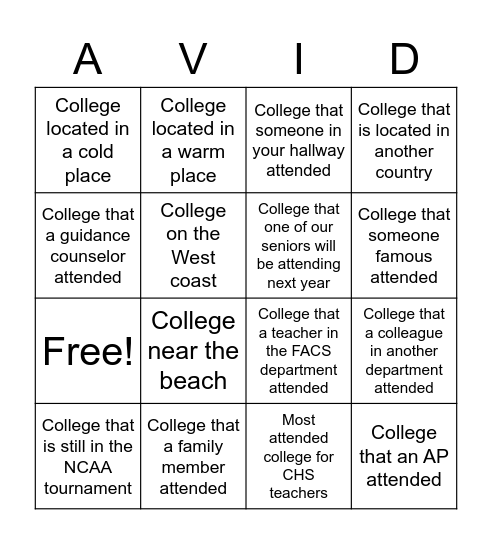 AVID March Madness College Bingo Card