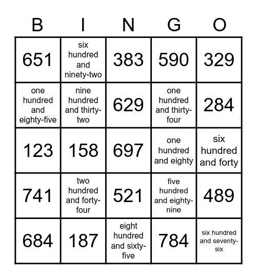 Numbers from 100-1000 Bingo Card