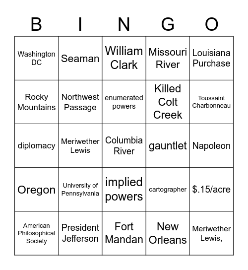 The Corps of Discovery Bingo Card