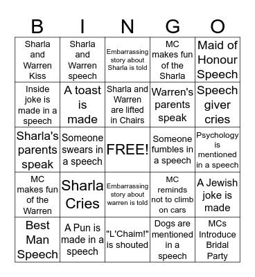 Sharla and Warren Bingo Card