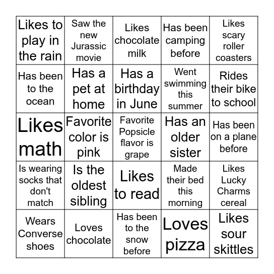 Getting to know you Bingo Card
