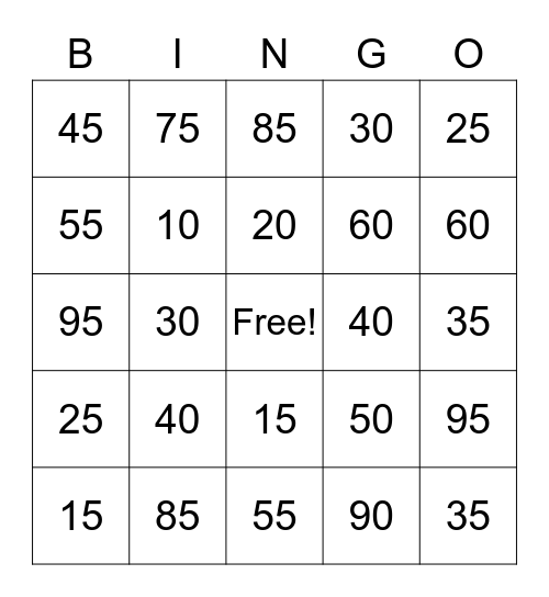 Counting by 5's Bingo Card