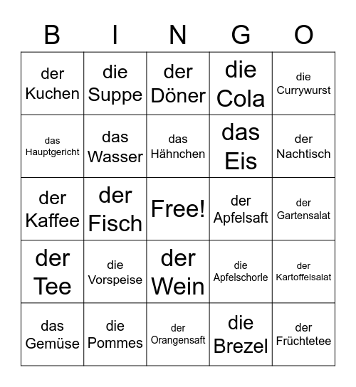 Essen und Trinken Bingo Card