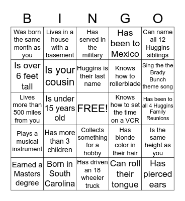 Huggins Family Reunion 2015 Bingo Card