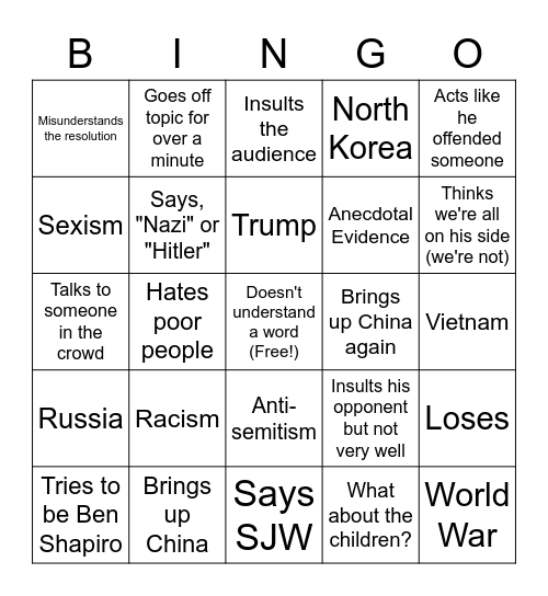 Yiheng Debate Bingo Card