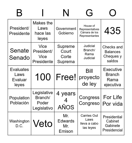 Branches Of Government Bingo Card