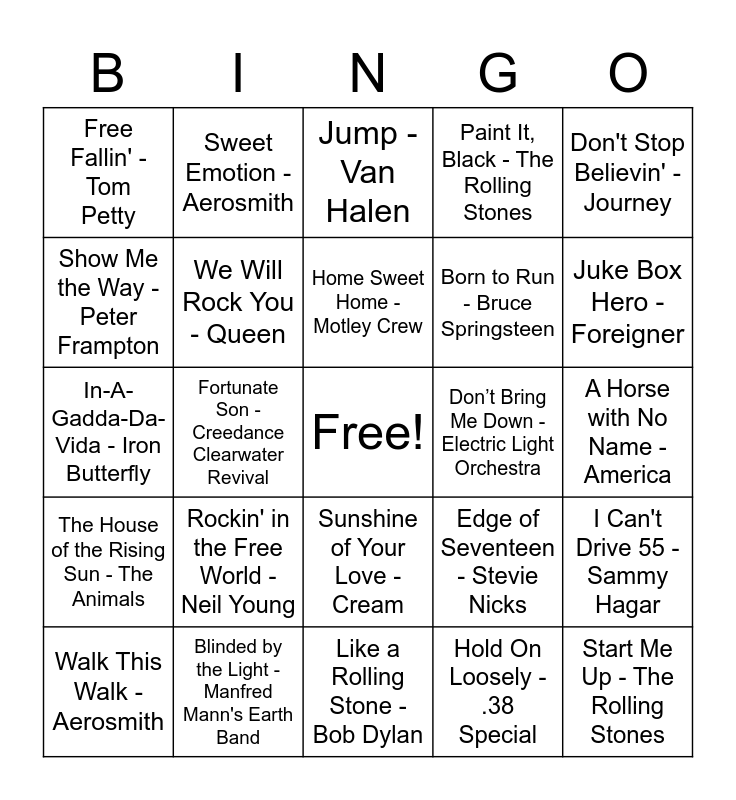 Rock Music Bingo Card