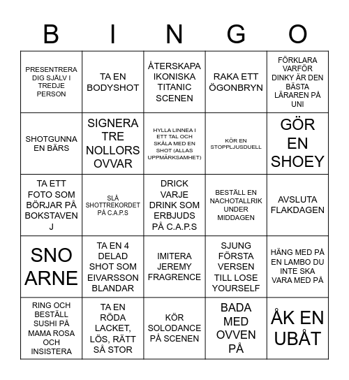 Ovvesittning Bingo Card