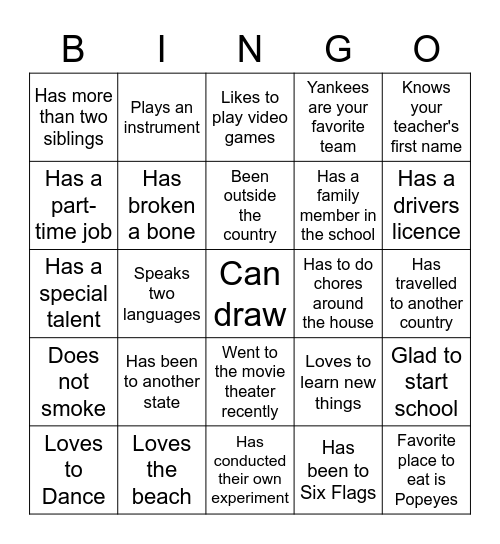 First Day of Term Bingo Card