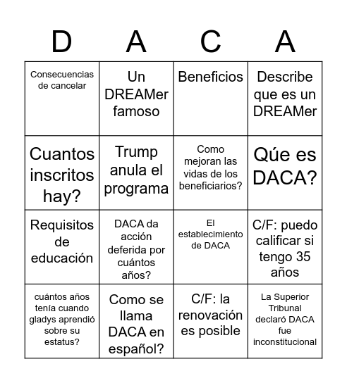La Historia de DACA Bingo Card