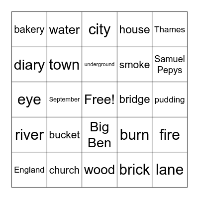 Great Fire of London Bingo Card