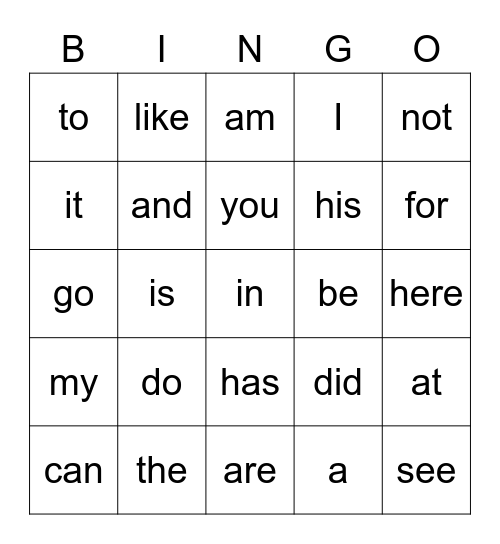 Heart Words Bingo Card