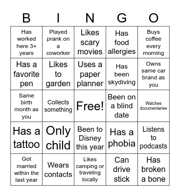 Get to Know Each Other Bingo Card
