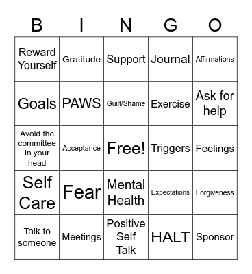 Recovery 2 Bingo Card