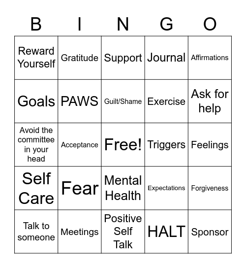 Recovery 2 Bingo Card