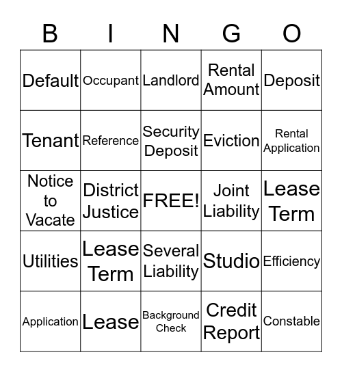 Renting Lingo Bingo Card