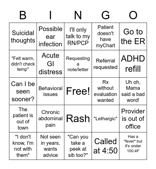 Triage (Phone Calls & myChart) Bingo Card