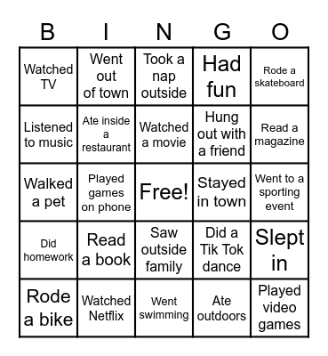 Spring Break Bingo Card