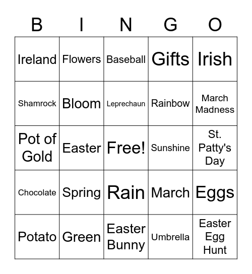 Spring/st patty's day Bingo Card