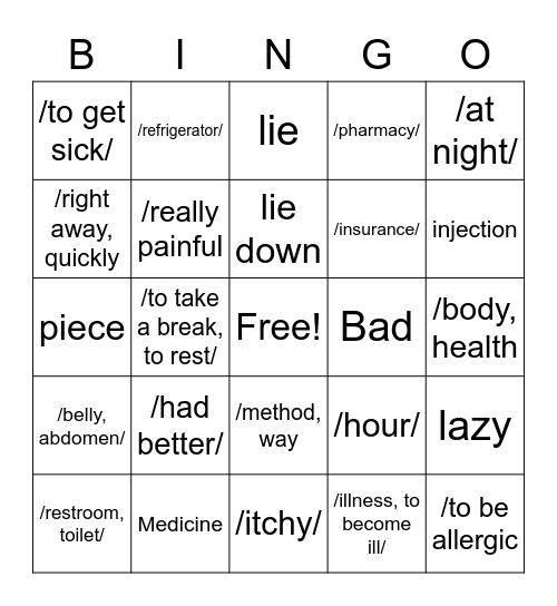 Level1Part2Lesson15 Eng Bingo Card