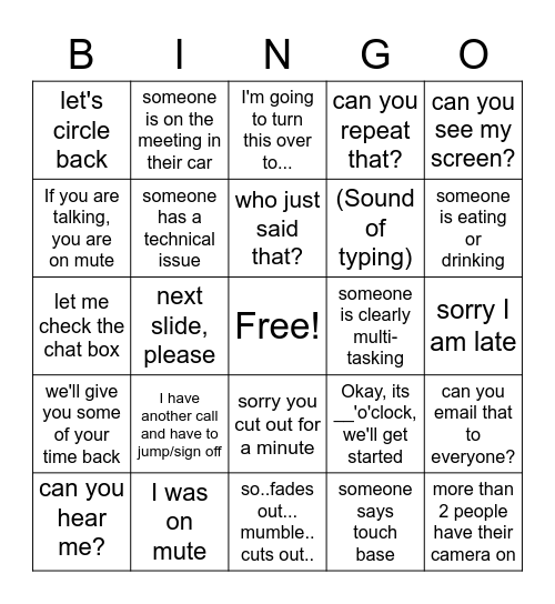 Virtual Meeting Bingo Card