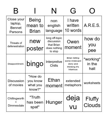 English Class Bingo Card