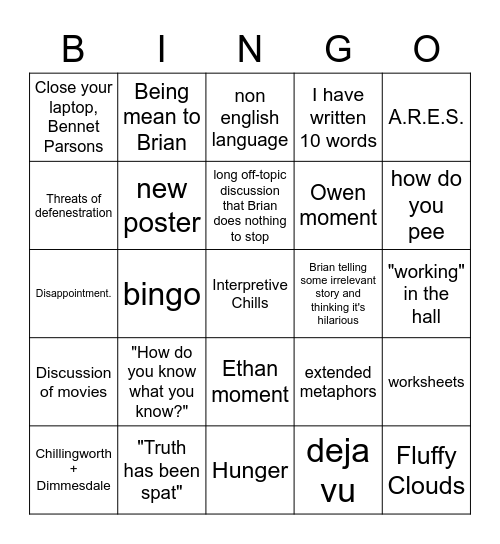 English Class Bingo Card