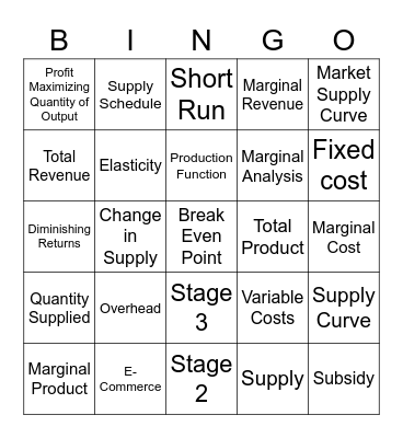 Supply Bingo Card