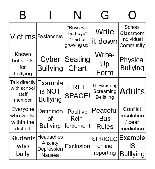 Olweus Bully Prevention Program Review Bingo Card