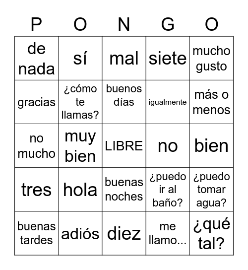 Exploratory Spanish - 6th Grade Bingo Card
